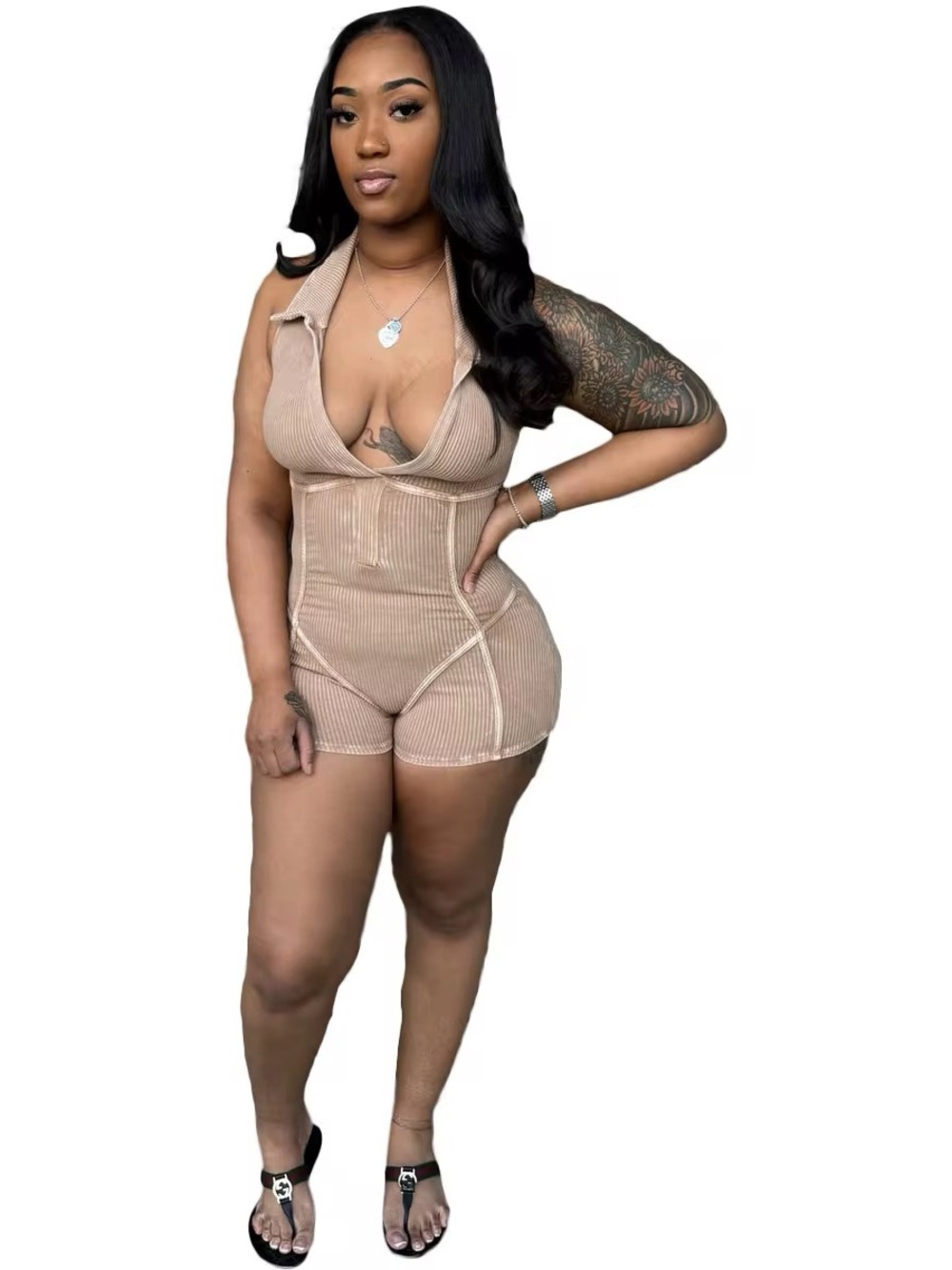 Plunging V-Neck Ribbed Short Romper in Tan
